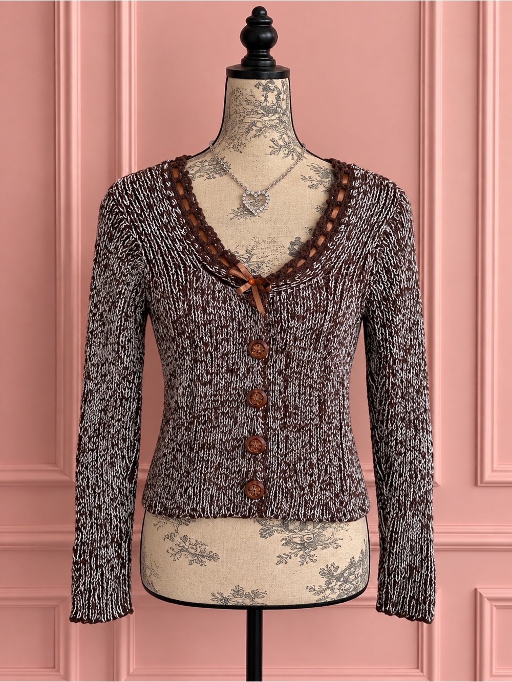 Y2K Brown & White Knitted Cardigan With Ribbon Detail Size S